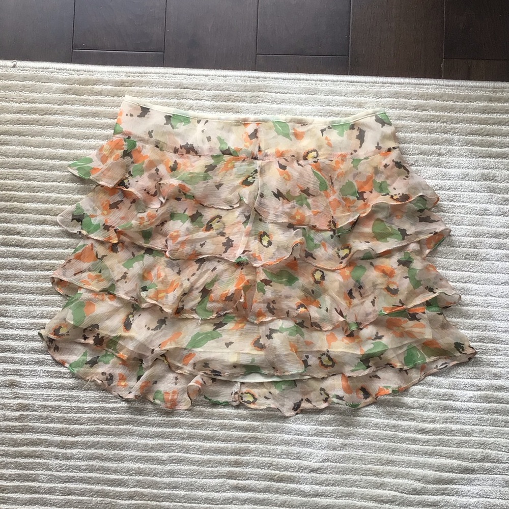 Vintage Floral Skirt from 1970s  Ruffle Skirt - Orange and Green